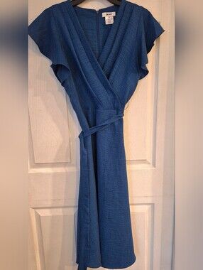 DKNY Blue Faux Wrap Flutter Sleeve Dress Size 8P